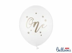 PartyDeco 30cm Pattern | Print Latex Balloons 30cm White + Gold 'One' Print Balloon