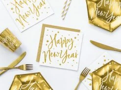 PartyDeco Gold Foiled Happy New Year White Napkins Napkins - Prints + Shapes