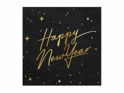 PartyDeco Gold Foiled Happy New Year Black Napkins