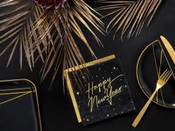 PartyDeco Gold Foiled Happy New Year Black Napkins