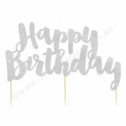 Illume Partyware Cake Toppers Silver Glitter 'Happy Birthday' Cake Topper