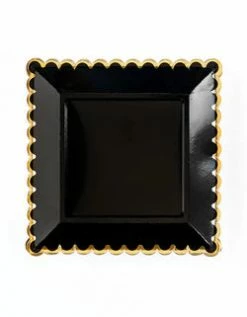 Favor Lane Plates - Plain Solid Colour Scalloped Black Paper Plates 8Pk