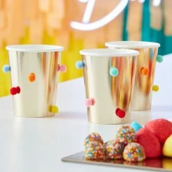 Ginger Ray Rainbow Pom Pom Gold Paper Party Cups