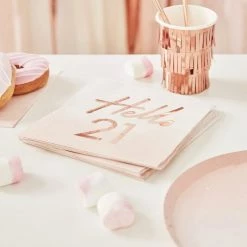 Ginger Ray Hello 21 Rose Gold Foiled Paper Napkins Napkins - Prints + Shapes
